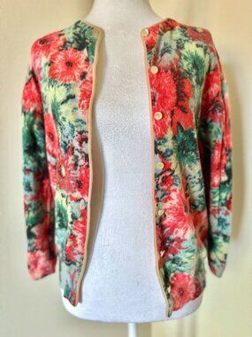 Vintage 1950s Darlene Angelon Printed Sweater With Pearl Buttons In As Is